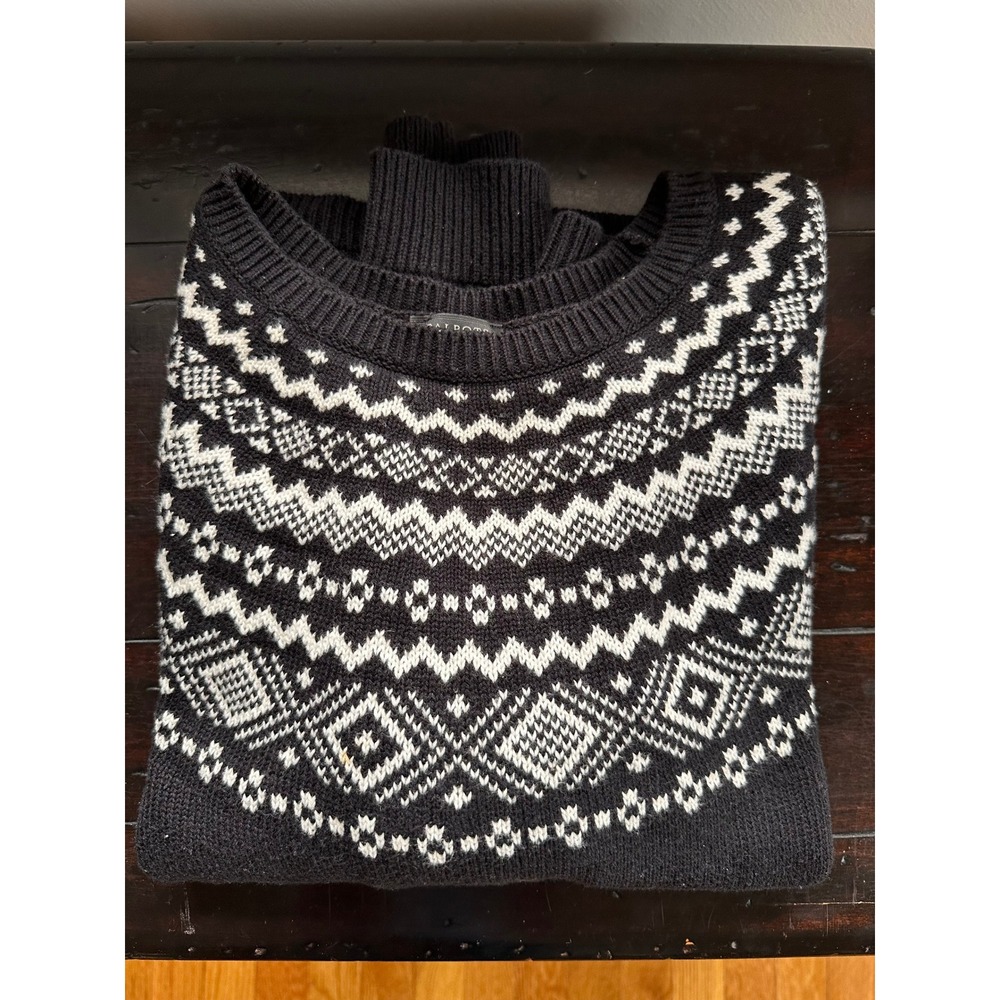 Talbots Womens Black White Fair Isle Yoke Cotton Blend Knit Sweater Size M